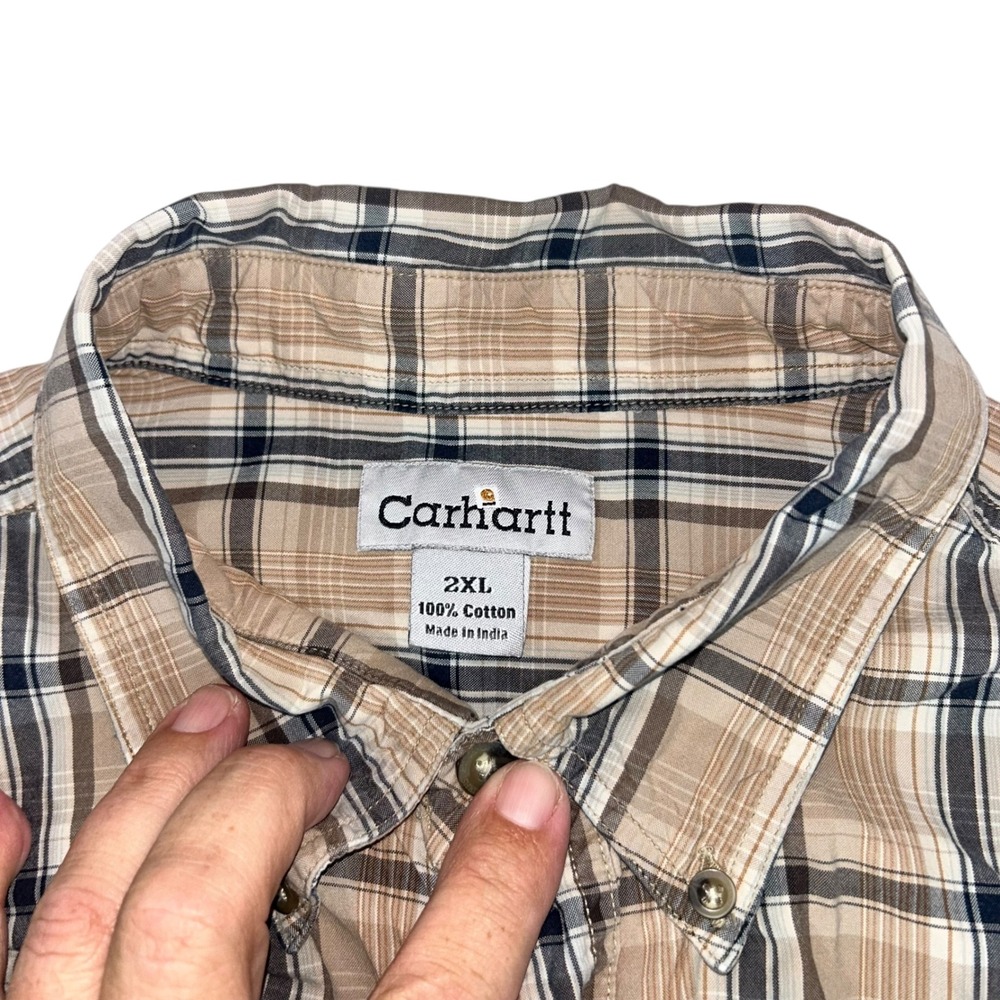 Carhartt Mens 2XL Plaid Button Up Short Sleeve Shirt Beige Blue Cotton - Picture 7 of 11